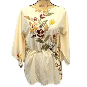 Vintage Terry sz 12 Cream Floral Boho Kimono Sleeve Tunic Cottagecore Romantic